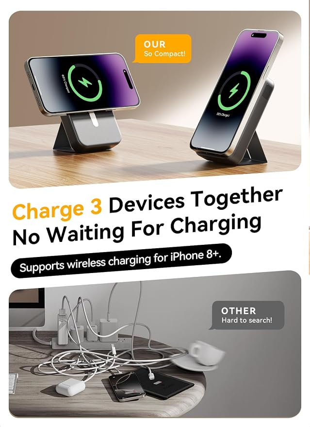 Magnetic Portable Charger, 10000mAh Power Bank Compatible with MagSafe, 20W Fast Charging, Foldable Wireless Battery Pack for iPhone 17/16/15/14 All Series, Travel Essentials