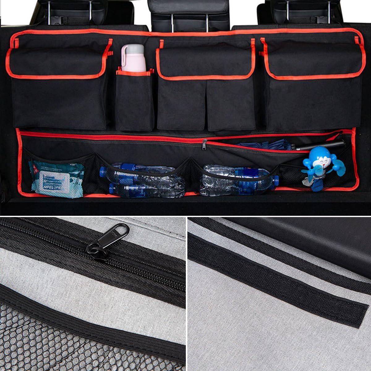 Mandark Car Trunk Organizer, Super Capacity Vehicle Hanging Backseat Cargo Storage Bag with Robust Elastic Net, Detachable Auto Seat Back Organizing Bag, Universal for SUV, Truck, RV（Black/Red）