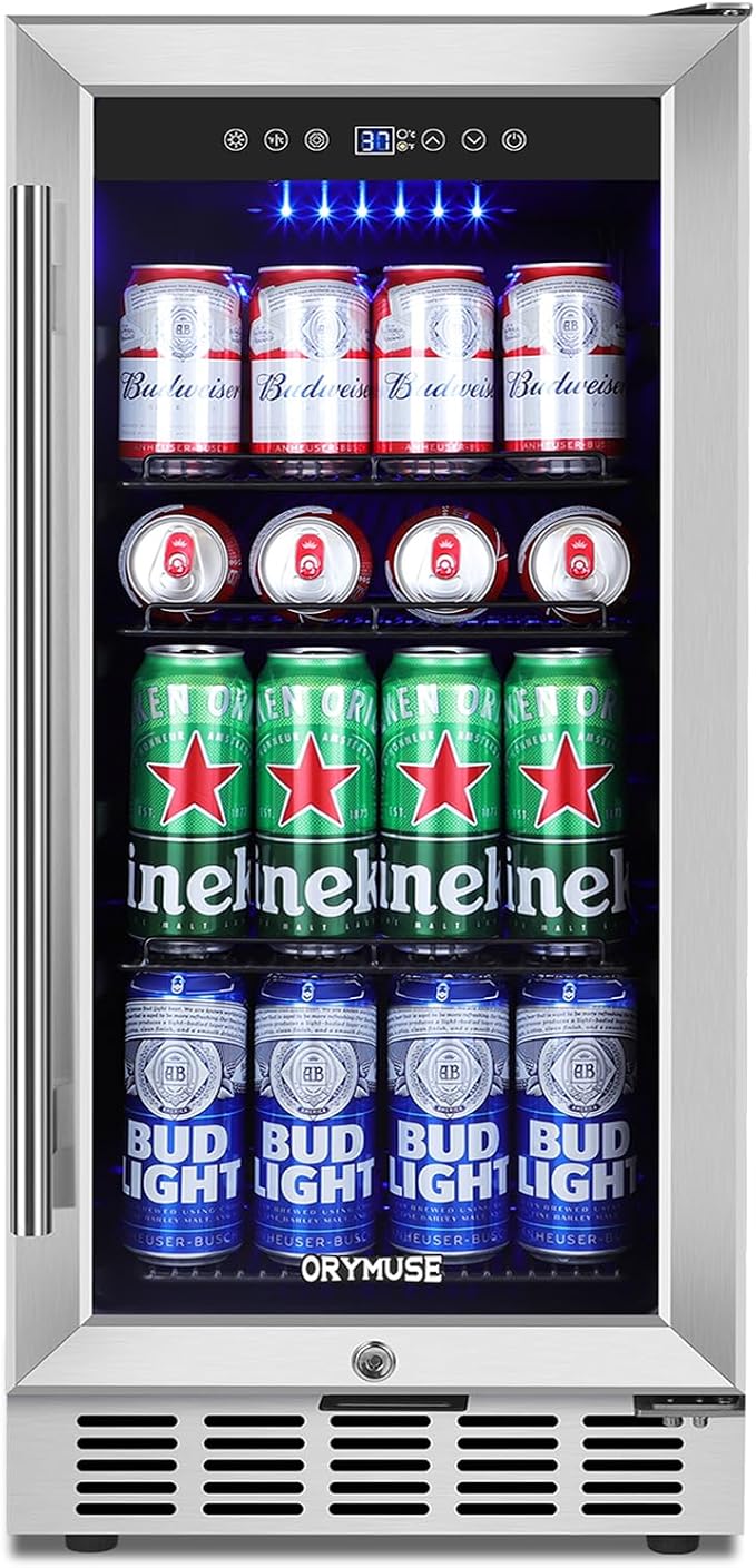 15 Inch Beverage Refrigerator, 130 Can Capacity Under Counter Fridge with Lock & Glass Door, Quiet Built-in or Freestanding Beer Cooler, Powerful Compressor for Fast Cooling