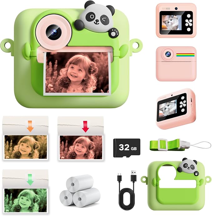 Kids Camera Instant Print with Color Printing Paper and Protective Case 32GB