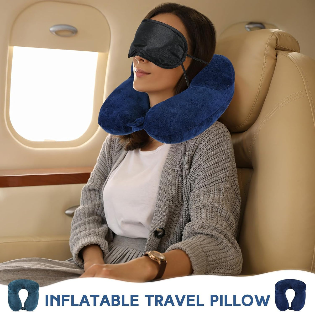 Sintuff 2 Pack Inflatable Travel Pillow for Airplanes Inflatable Neck Flight Pillows with Compact Bag and Blindfold for Traveling, Airplane, Train, Car, Office(Peacock Green and Blue)