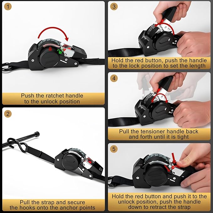 10FT Retractable Ratchet Straps(2-Pack) - 1 Inch (1800 LB Break Strength) Heavy Duty Self Retracting Ratchet Straps with Soft Loops & Storage Bag for Household, Motorcycle, Truck, ATV(Black)