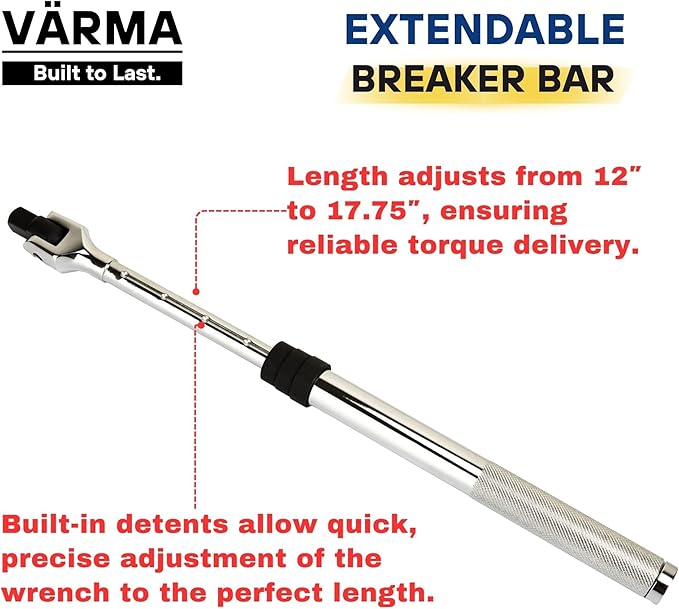 1/2" Drive Breaker Bar – 12–17.75" 6-Stage Extendable Handle, 180° Flex Head, Chrome Vanadium, High Torque
