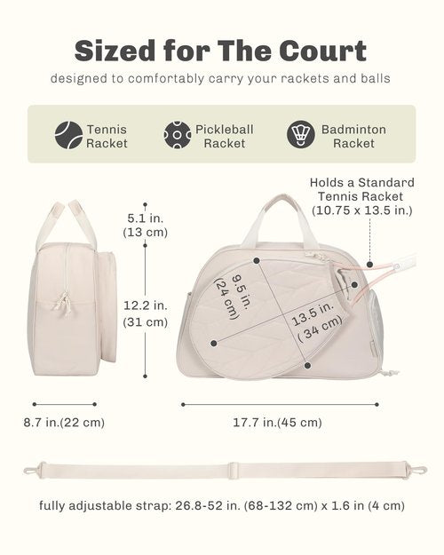 Hynes Eagle Pickleball Bag Tennis Gym Bag for Women Holds 2 Rackets with Shoe Compartment & Wet Pocket Sport Duffle Bag 17 inches Laptop Overnight Weekender Beige