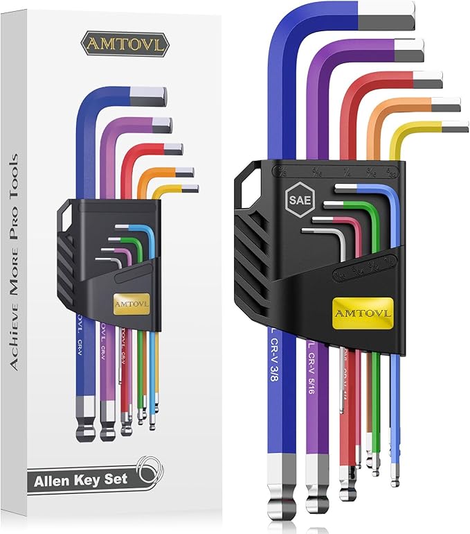 AMTOVL Hex Key Set, 9PCS Imperial Allen Key Set, 1/16-3/8Inch, Long Ball End Hex Wrench Set, Color Coding Hex Key Set for Vehicle, and Bicycle Repairs