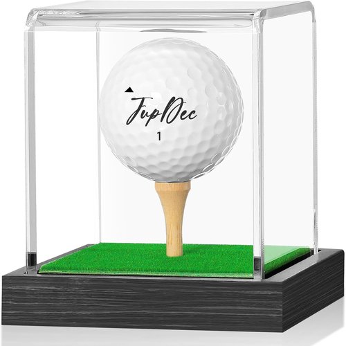 JupDec Golf Ball Display Case - Clear Acrylic Holder with Wood Base & Dust Protection | Black, 1 Pack