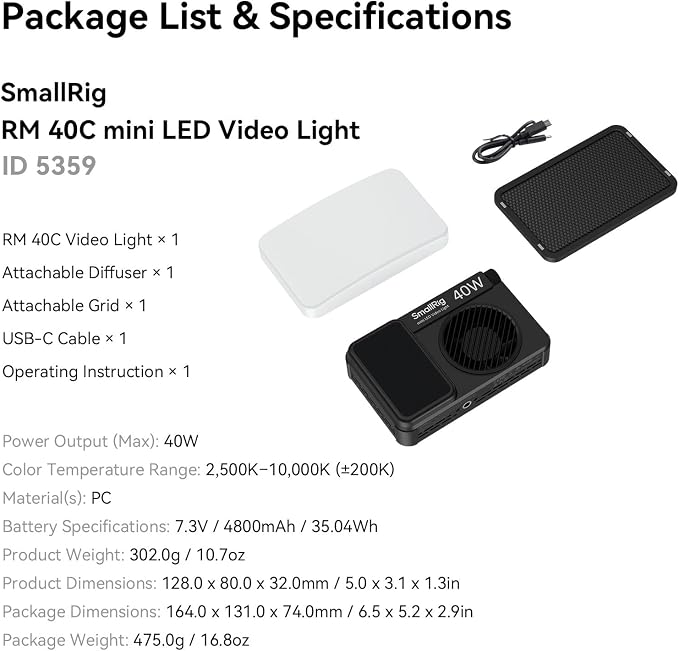 SmallRig RM 40C Mini LED RGB Video Light, 4800mAh Battery, LCD Display