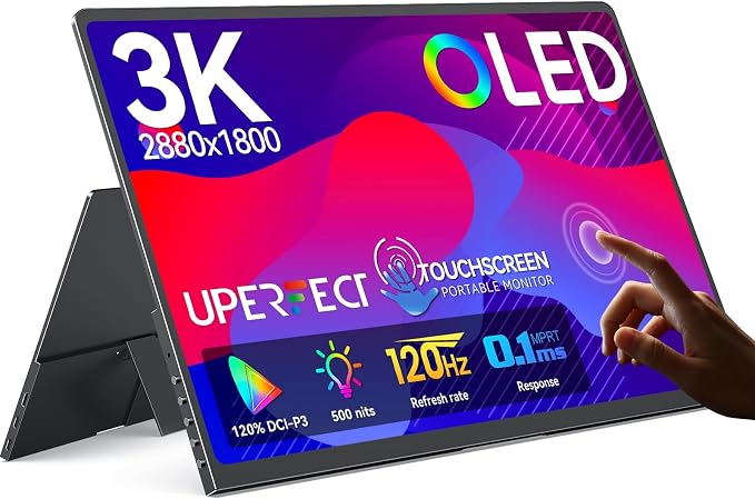 UPERFECT Touchscreen OLED Portable Monitor 14", 3K 2880x1800 | 120Hz | 0.1ms Portable Gaming Monitor, 500 Nits |120% DCI-P3 | 500000:1 | Ultra-Slim Design for Laptop Mini PC Phone Game Consoles