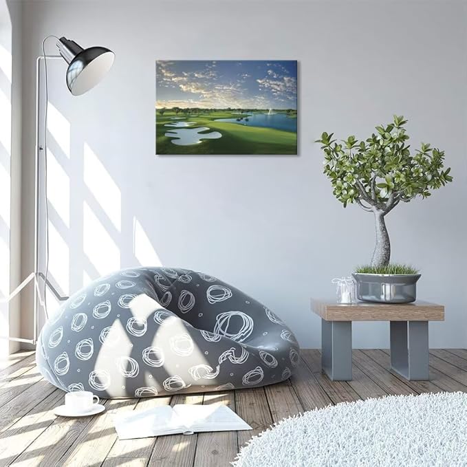 Blue Monster Golf Course Canvas Wall Art for Living Room Bedroom Bathroom Home Decorations Paintings Golf Course Picture Poster Framed Artwork Ready to Hang(28''H x 44''W)