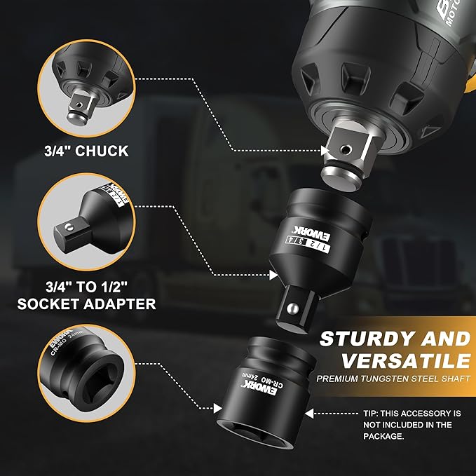 EWORK 3/4 Cordless Impact Wrench 21V Heavy Duty Max 1500 Ft-lbs, Brushless Motor, High Torque Impact Gun with 6.0Ah Li-ion Battery and Charger & 3/4" to 1/2 Inch Socket Adapter, Tool Bag