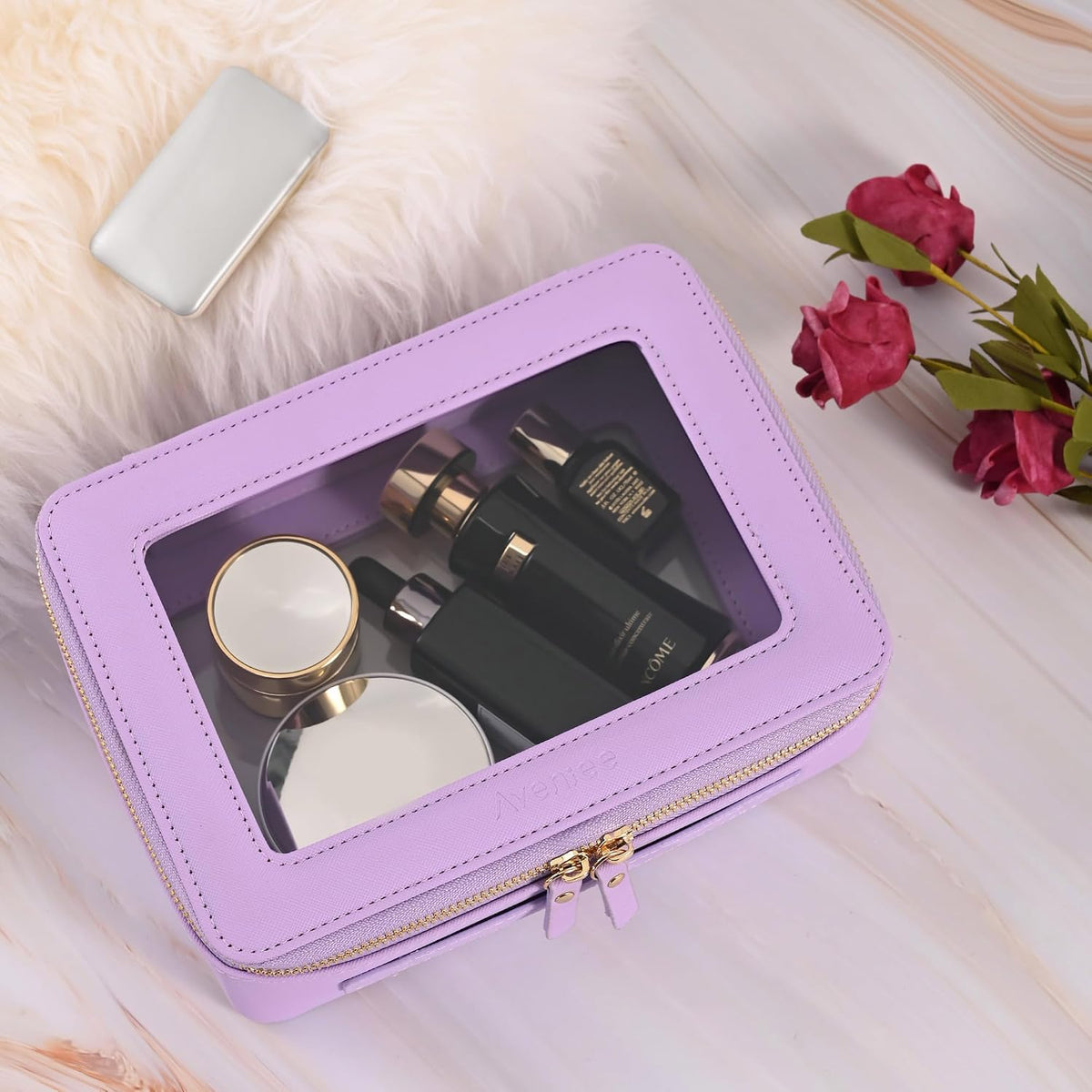 Aveniee Clear Makeup Bag Organizer,Large Travel Toiletry Bag for Women, Waterproof Cosmetic Pouch with Zippers,Car Organizers and Storage Case for Accessories,Lilac