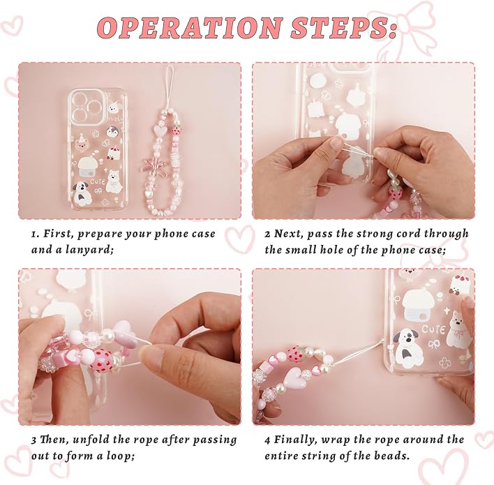 Pink Beaded Phone Wrist Straps, Y2K Phone Case Charms Camera Charm Strap