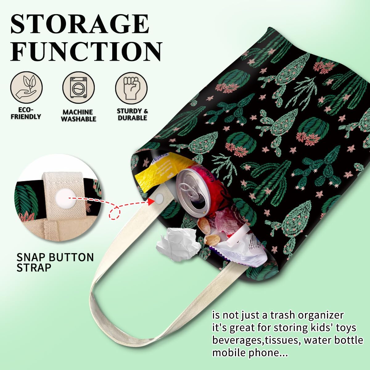 Car Trash Can, Cute Car Trash Bag, Hanging Car Organizer and Storage Bag, Trash Bin for Car Accessories, Vehicle, Travelling, Camping Cute Cactus