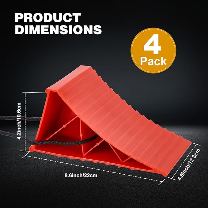 PAHTTO Wheel Chocks, 4Pack Heavy Duty Wheel Chocks with Rope for Easy Removal, Durable, Non-Slip, Hard Plastic Wheel Chocks for, RV, Camper, Effective in Keeping Your Vehicle in Place, Red