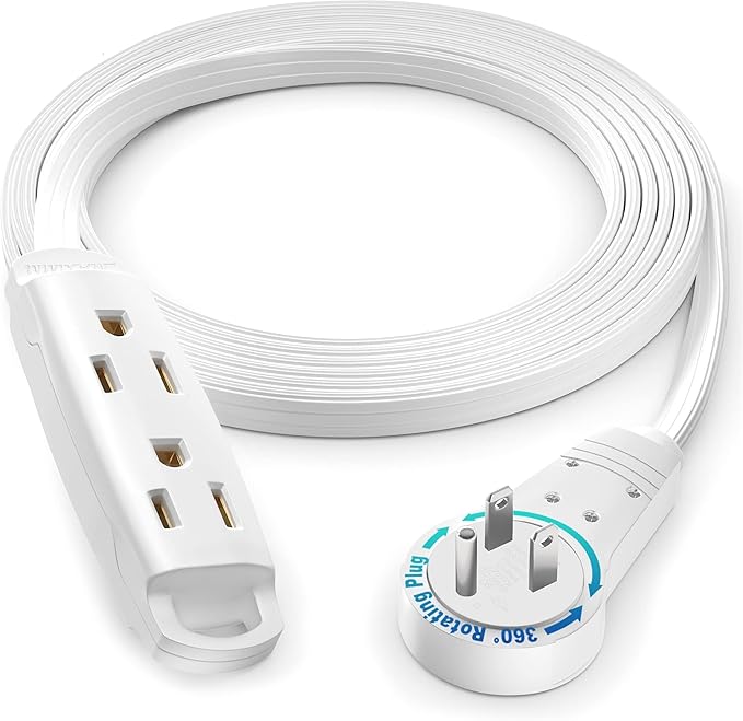 Maximm 360 Degree Rotating Flat Extension Cord 10 Ft Multi 3 Outlet Power Cord Grounded 16 AWG UL Certified, White