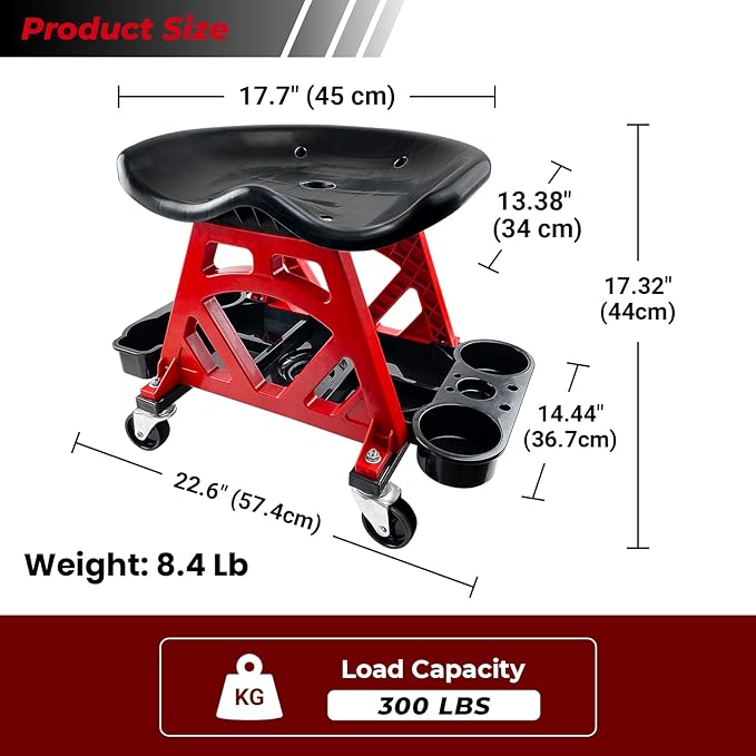 Durable Mechanic Stool Chair with Wheels, Heavy Duty Garage Shop Stool On Wheels, Rolling Stool Car Detailing Creeper Seat with Tool Tray for Workshop, Auto Repair Shop and Home