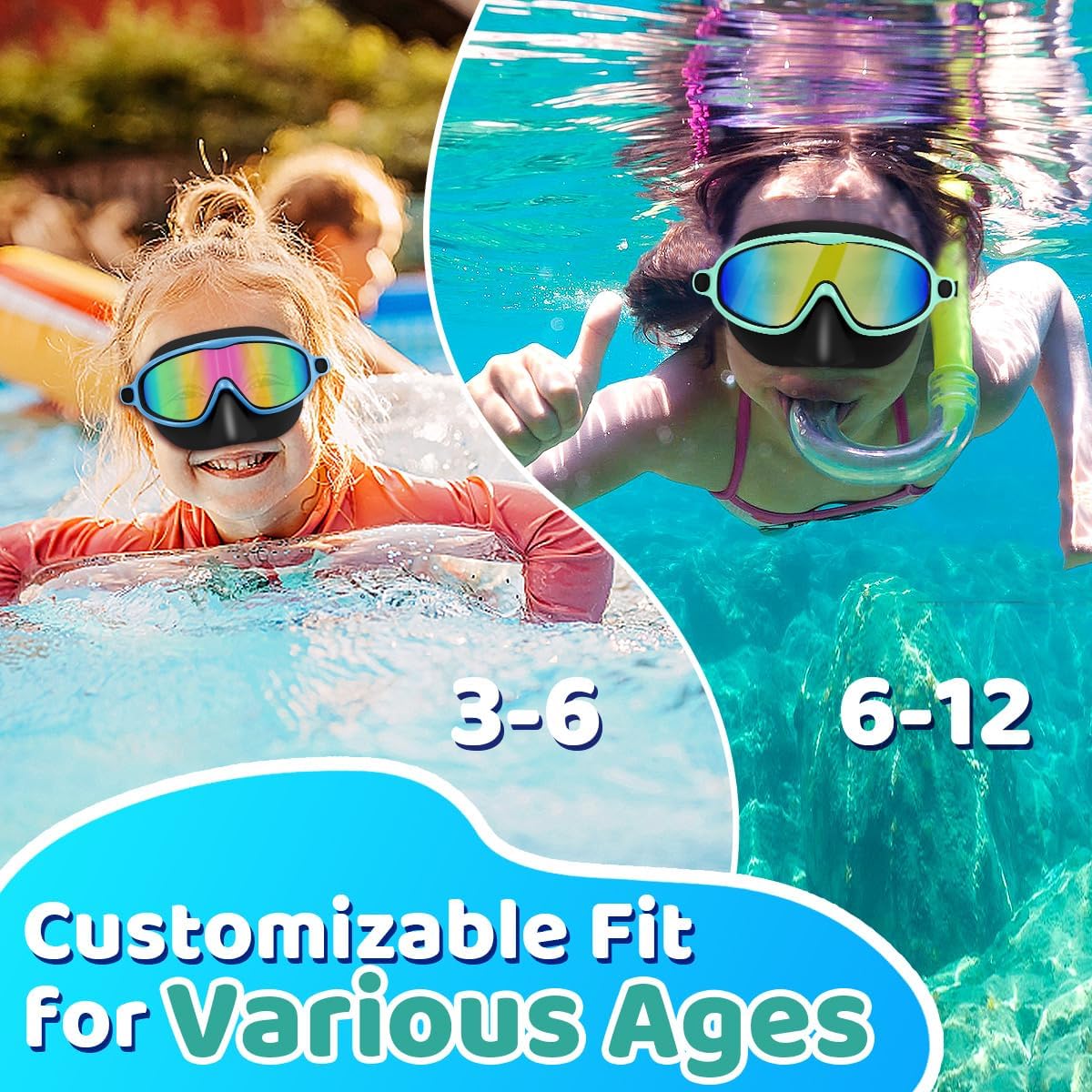 Vvinca Swim Goggles - Anti-Fog Diving Mask with Nose Cover | 2-Pack for Kids Ages 3-15