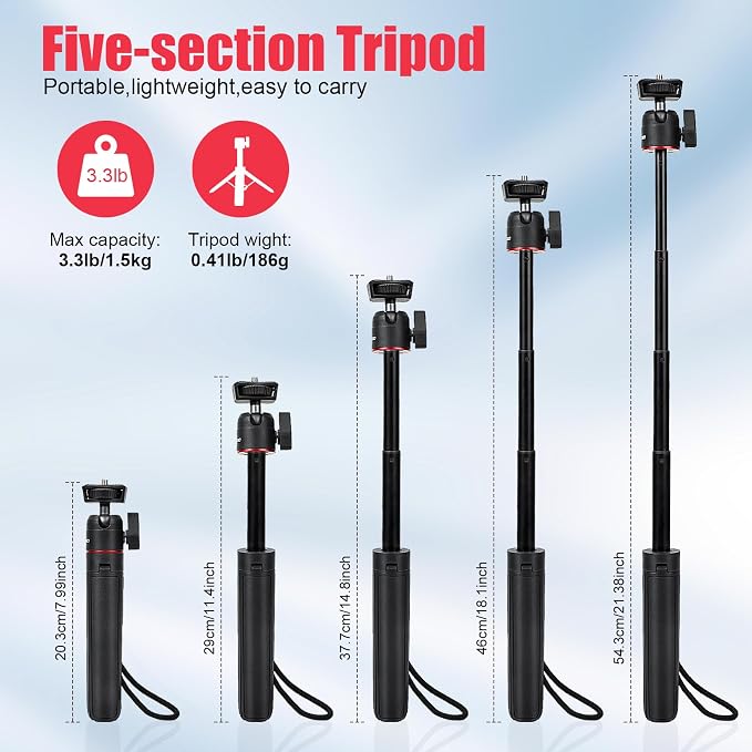 Extendable Mini Tripod, 8-23.6inch Height Adjustable 360 Rotation Ball Head