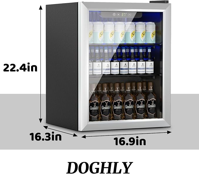 DOGHLY 1.7 Cu.ft Mini Fridge Glass Door, 72 Cans Beverage Refrigerator | Drink Fridge for Soda Beer Wine, Digital Temperature Control, Removable Shelf, Quiet Beverage Cooler for Office, Dorm, Bar