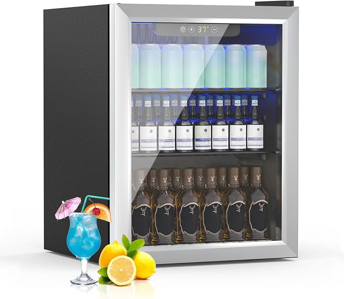70 Can 1.7 Cu.Ft Compact Beverage Refrigerator With Glass Door | Stainless Steel Drink Cooler with Reversible Glass Door for Soda Wine Beer, Small Fridge for Home Office Bar (40℉-61℉)