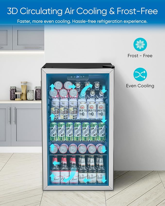Feelfunn 3.2 Cu.Ft Mini Fridge with Glass Door - 126 Can Beverage Refrigerator Cooler for Drink Beer Wine Soda, Small Refrigerator for Bedroom Office Bar Dorm, 4 Adjustable Shelves, Silver