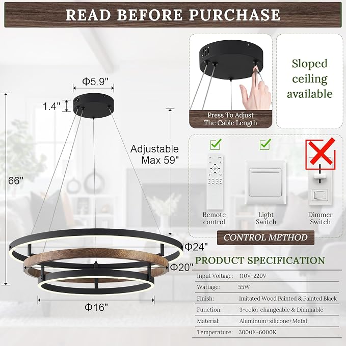 3 Ring LED Chandelier Black Round Chandelier Light Fixture Dimmable Farmhouse