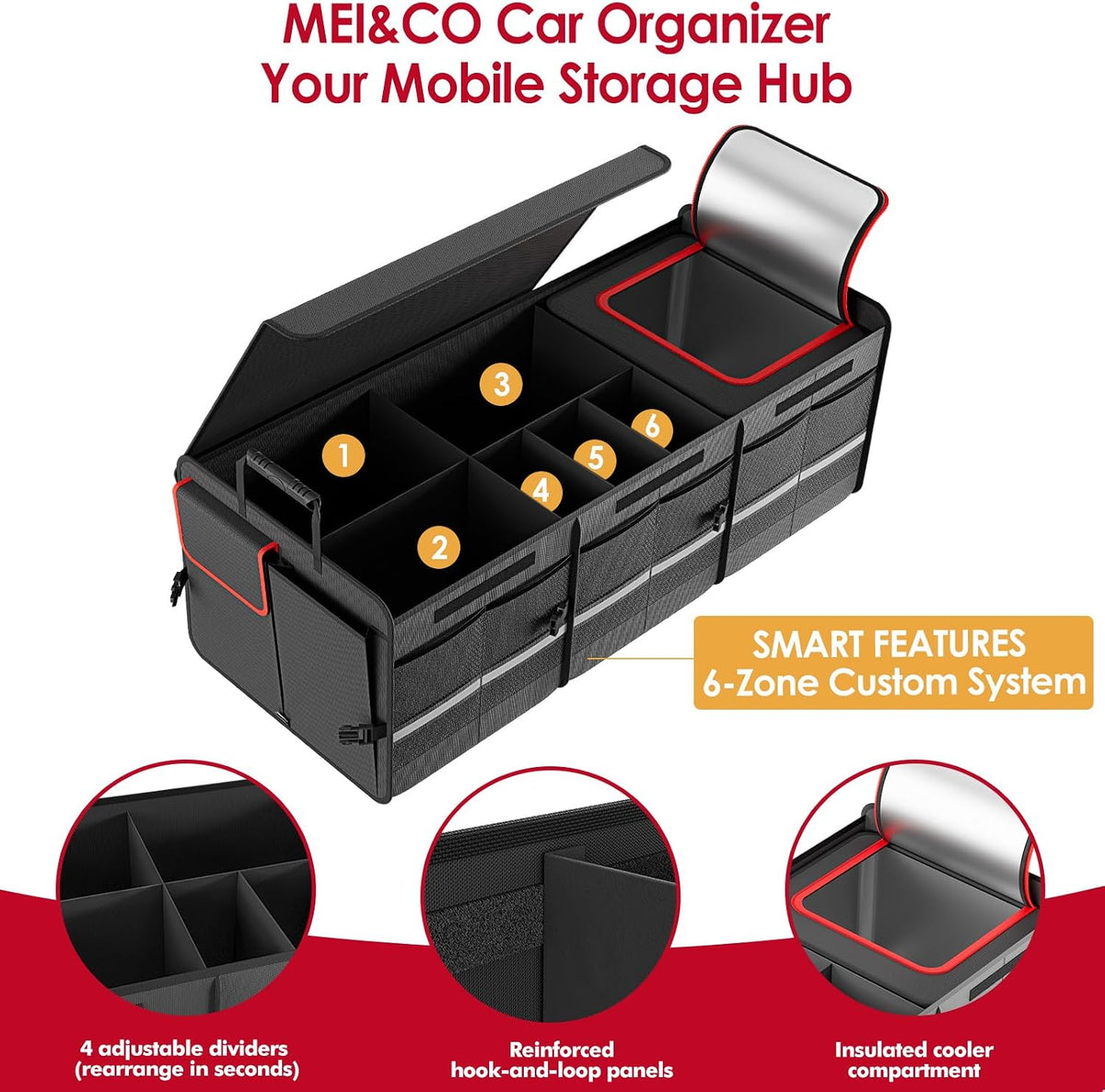 MEI&CO Car Trunk Organizer - 2.5mm PP Board Built, 35L Leakproof Cooler, 105L Capacity, 2 Tie-Down Straps, 4 Adjustable Dividers, Foldable Design for SUVs, Trucks, and Cars