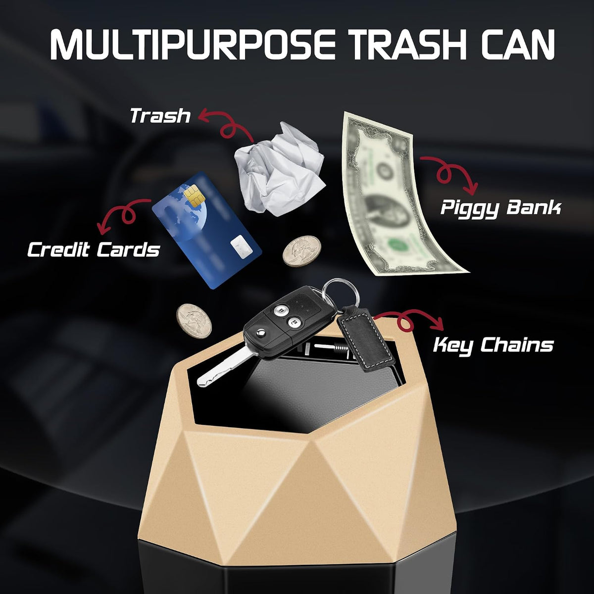 Car Trash Can with Lid, Mini Car Trash Cup with 30 Additional Trash Bags, Car Accessories for Interior, Leakproof Vehicle Garbage Bin for Car, Home, Office - 2 Packs, Gold