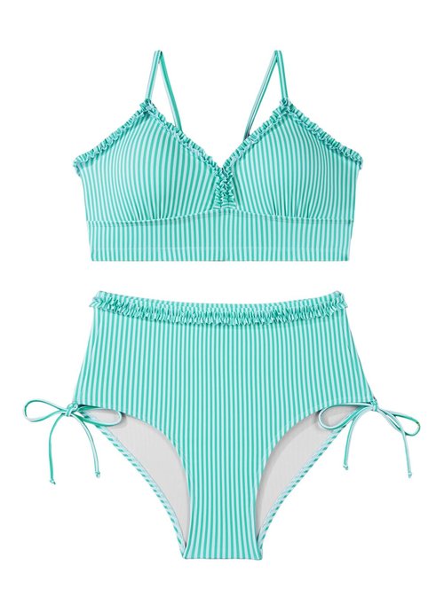 Herseas Women's Splice Ruffle Trim Bikini Sets Tie Side Wire Free Swim Suits 2026 Removable Pads High Waisted Stretchy Bathing Suits Green Stripes Vintage Holiday Teens Outfits Medium