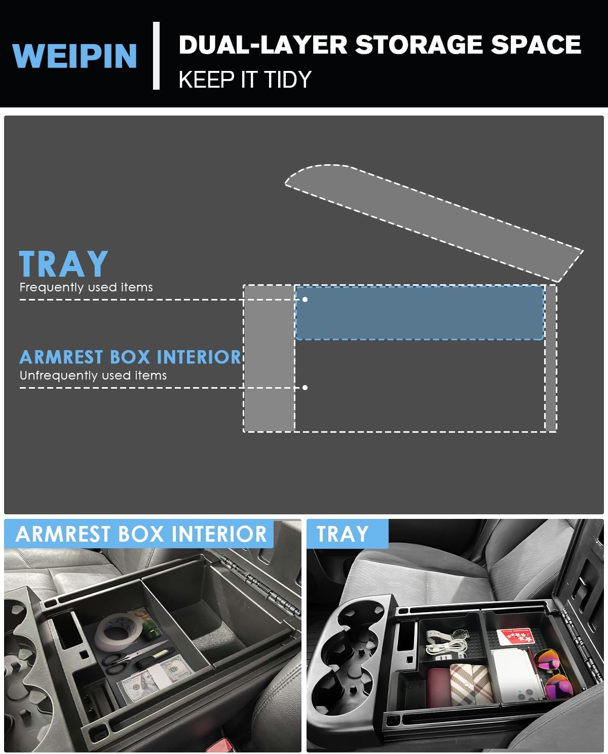For Center Console Armrest Organizer Tray ABS Materials Compatible with 2007–2013 Chevrolet Silverado/Sierra/Yukon&Yukon XL/Tahoe/Suburban/Avalanche–Jump Seats