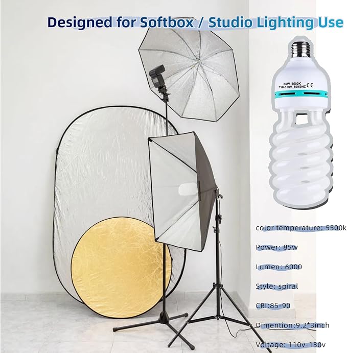 2Pcs 85W Light Bulb 5500K CFL Roas Daylight Spiral Softbox Lighting Kit Bulb in