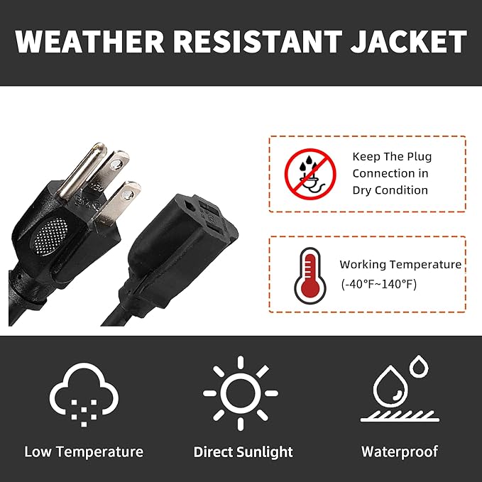 20FT Outdoor Extension Cord-16/3 SJTW Durable Black Extension Cord for Christmas Lights with 3 Prong Grounded Plug for Safety,Great for Outside Christmas Decorations