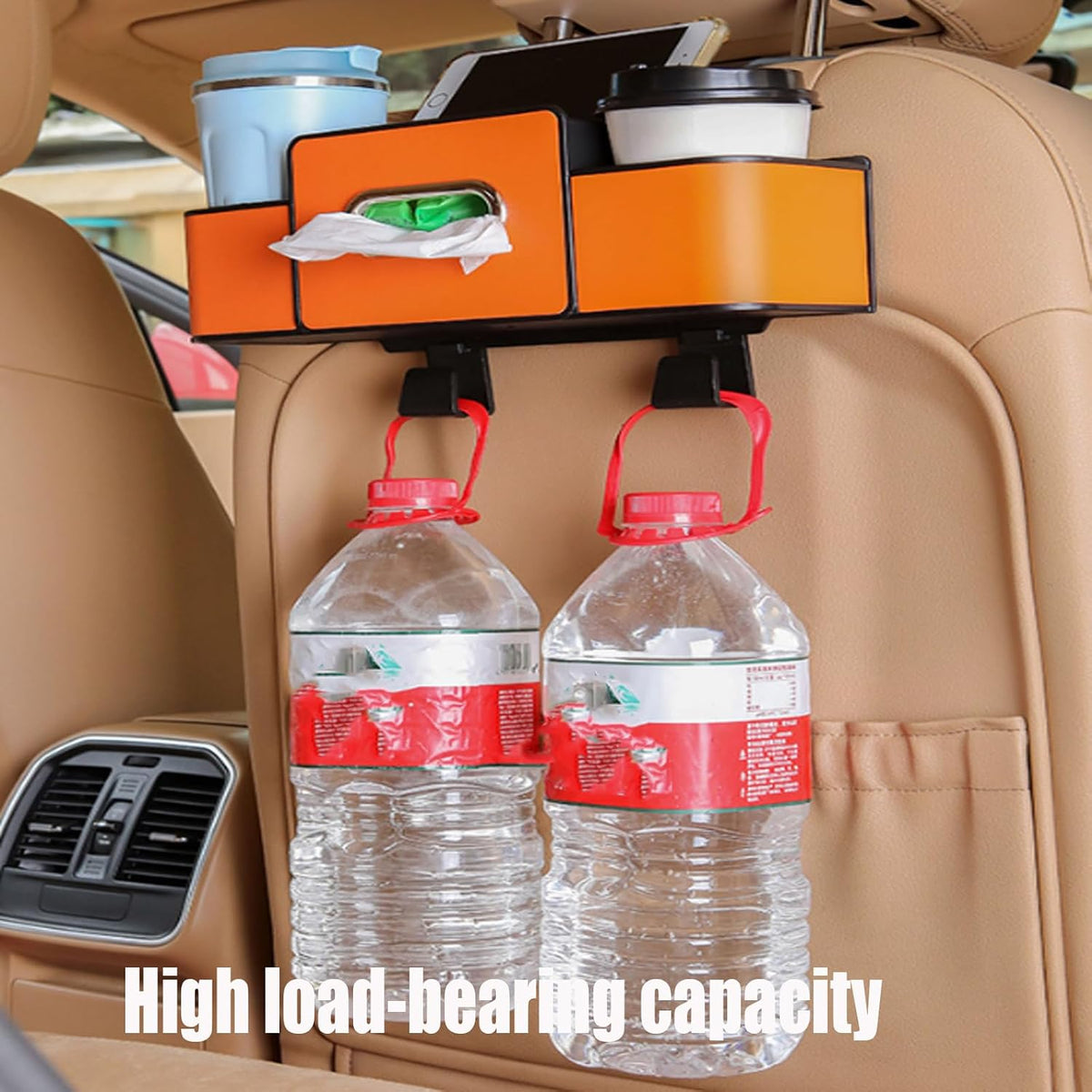 3 in 1 Car Backseat Organizer with Cup Holder, Leather Multifunctional Seat Back Storage with Tissue Box, Phone Holder and Hooks, for Hold Phones, Snacks, Drinks, and Handbags (Black,1PCS)