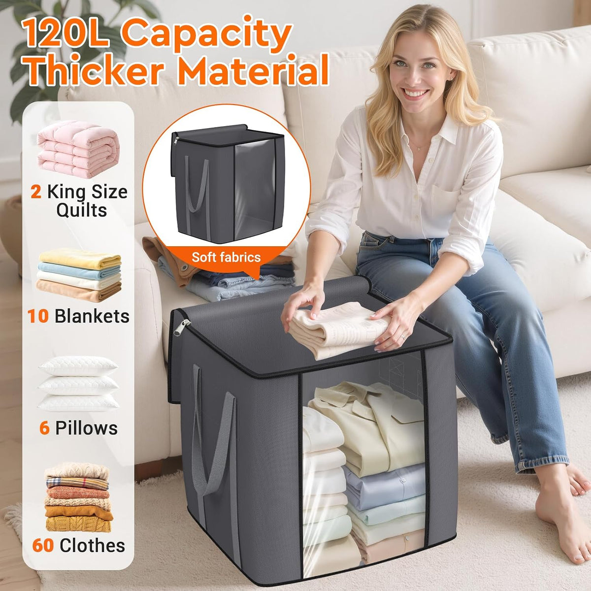 TasticTotes 120L Extra Large Clothes Storage Bags, Foldable Blanket Storage and Organization, Thick Fabric Containers with Reinforced Handles &amp; Zippers for Clothing, Comforters, Bedding, Gray, 1 Pack
