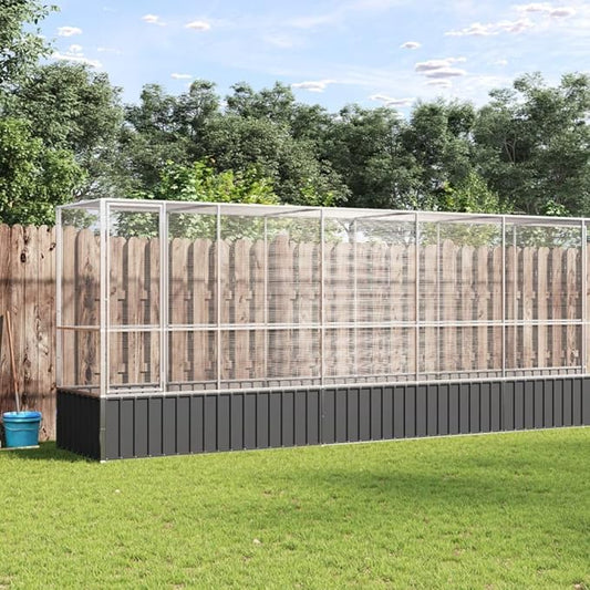 Large Metal Heavy Duty Walk-in Aviary Cage with Extension, Ample Activity Space Bird Cage with Lockable Door Also for Chickens and Rabbits, Silver 492.3"x42.1"x83.5" Steel,-518