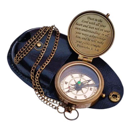 Engraved Brass Compass with Leather Case – “Trust in the Lord” Scripture Compass Gift for Men | Graduation, Confirmation, Baptism & Communion Religious Gift, Proverbs 3:5-6