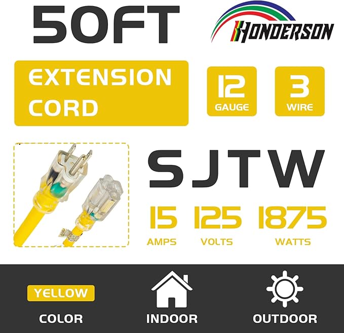 Indoor Outdoor Extension Cord Weatherproof with Lighted End, UL Certified, 12 Gauge 50FT Yellow 3 Prong Heavy Duty, 12/3 SJTW 15A Power Cord for Outdoor Lights, Lawn