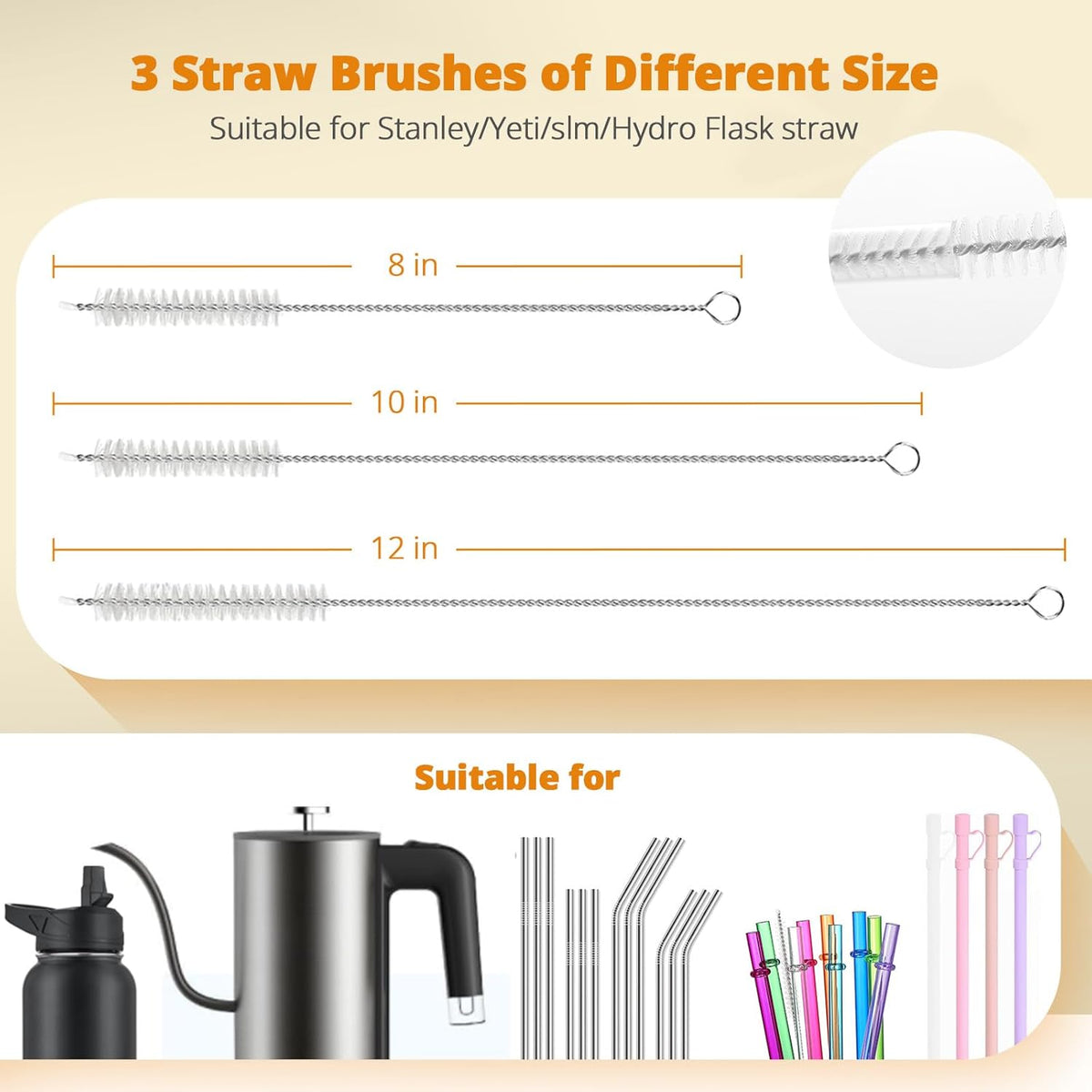 OUTXE 5-Pack Bottle Brush Set - 5-in-1 Water Bottle Cleaner with Long Handle & Straw Brushes