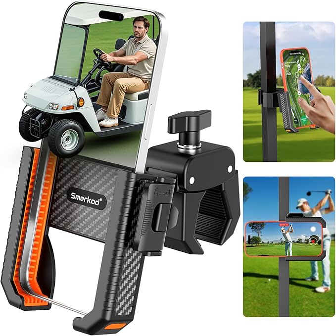 Golf Cart Phone Holder Mount - 3s Phone Clip Install, 1s Lock & Release，Phone Caddy for iPhone Galaxy & More Fits Yamaha Club Car EZGO Icon, Golf Cart Accessories Essentials Gift for Men Women