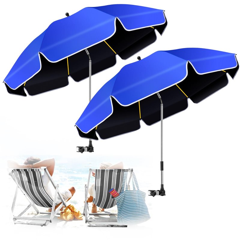 QTREE intelligence 2Pack 48.8 inch Large Beach Umbrella with Clamp Sun Shade for Beach Chair, 360°Adjustable UV Protection Golf Umbrella with Clip for Outdoor Stroller Wheelchair Camping Chair