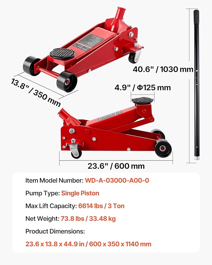 VEVOR 3 Ton Low Profile Floor Jack, Steel Racing Floor Jacks with Single Piston Quick Lift Pump, Hydraulic Trolley Car Jack for Sport Utility Vehicle, SUVs, Pickups, Lifting Range 5.1"-19.7"