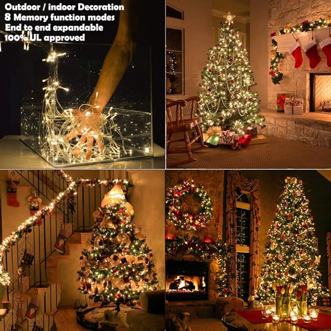 Christmas String Lights - 220 LED 25m/82ft 8 Modes End-to-End Plug in Indoor/Outdoor Waterproof Decorative Fairy Twinkle Lights String for Tree/Wedding/Thanksgiving Day/Patio/Room/Home - Warm White