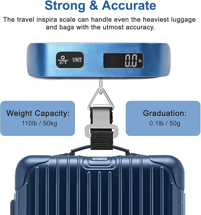 travel inspira Luggage Scale, Portable Digital Hanging Baggage Scale for Travel, Suitcase Weight Scale with Rubber Paint, 110 Pounds, Battery Included