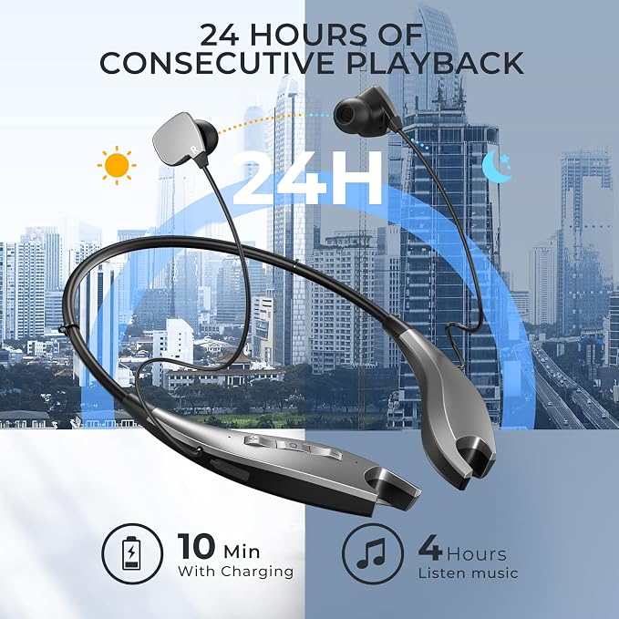 Neckband Bluetooth Headphones, 24H Playtime, Noise Isolation, Silver | Around The Neck Headphones Shark Jaw Design, Bluetooth Headsets with Call Vibration, Earbuds Built-in Mic/IPX7 Waterproof