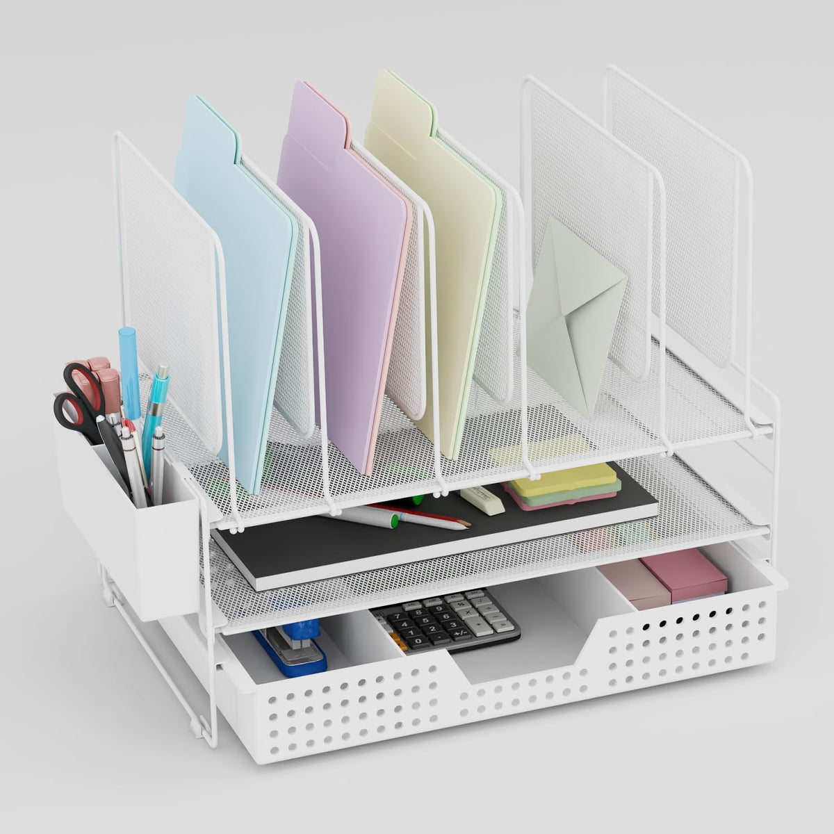 LEKETREE Desk Organizer, Office Organization with Vertical File Holder, File Organizer with Drawer and Pen Holder, Desk Accessories and Workspace Organizers for Home Office (White)