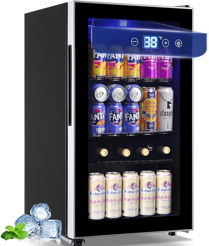 3.5 Cu.ft Beverage Refrigerator & Mini Cooler with LED Touch Panel 125 Can Small Beer Fridge with Glass Door for Wine Soda Juice Clear Front Removable Shelves for Home Office Bar