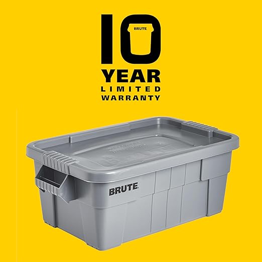 Rubbermaid Commercial Products BRUTE Tote Storage Container with Lid, 14-Gallon-included, Rugged/Reusable Boxes for Moving/Storing in Garage/Basement/Attic/Jobsite/Truck/Camping, Gray