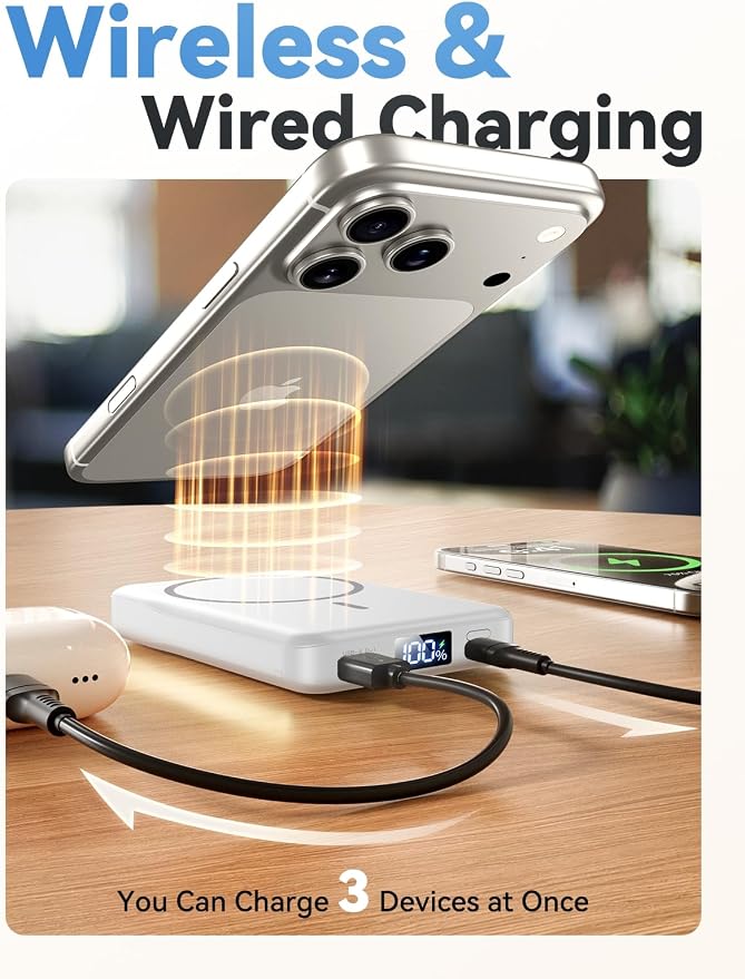 Aobbow Magnetic Portable Charger, 10000mAh for Magsafe Battery Pack, 20W Fast Charging Power Bank, Travel Essential of Wireless Charger Compatible with iPhone 17/16/15/14/13 Pro/Max/Air/Plus-White