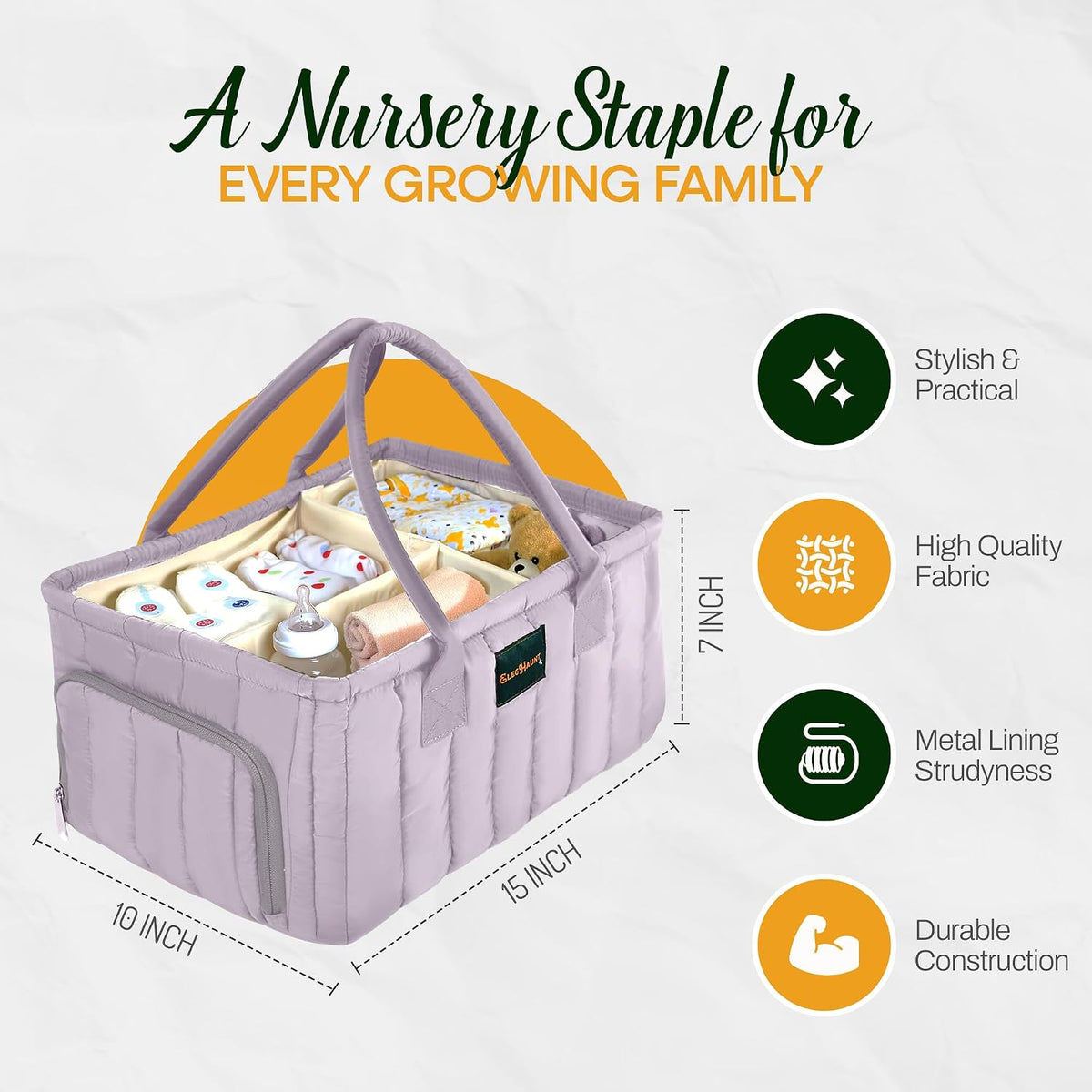 Baby Diaper Caddy Basket Organizer-Sturdy, Breathable & Washable - Stylish Storage, Portable, Car Caddy Organizer, Nursery, Baby Gift Registry Newborn Essentials (Lilac)