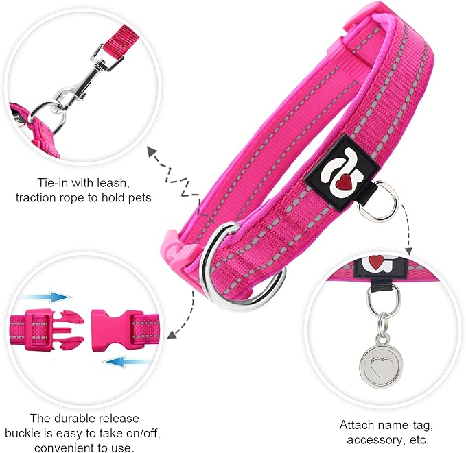 azuza Reflective Dog Collar with Airtag Holder, Soft Neoprene Padded Pet Collar with ID Tag Ring, Adjustable for Puppy and Small Dogs,Hot Pink,XS